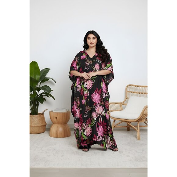Gypsie Blu Other - Plus Floral V-Neck Swim Coverup Kaftan in Black and Pink